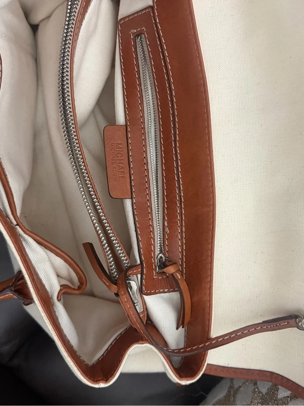 Michael Kors Cream Canvas Satchel with Brown Leather Trim